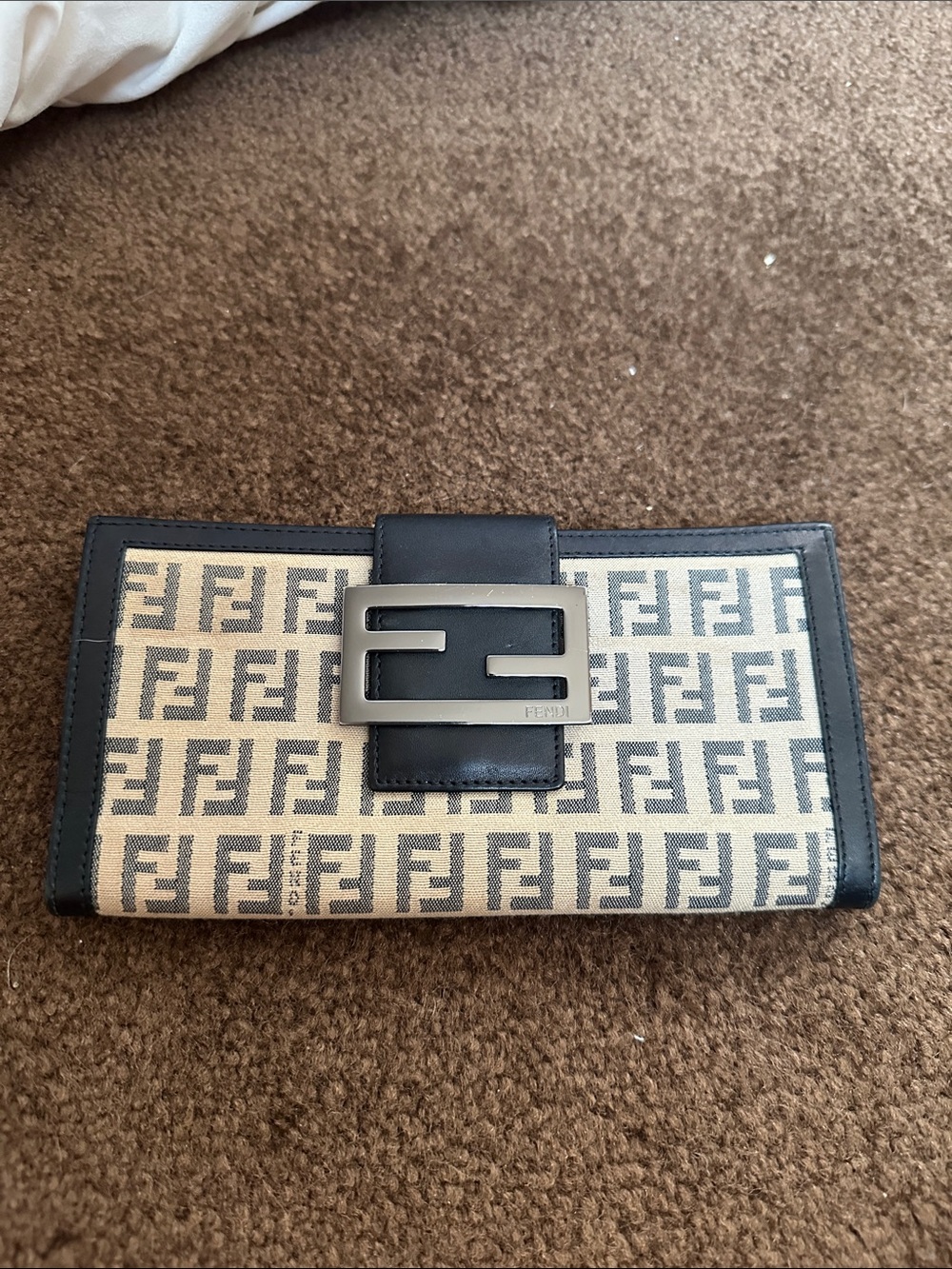 Fendi Beige and Black Zucca Logo Continental Wallet with Metal Buckle